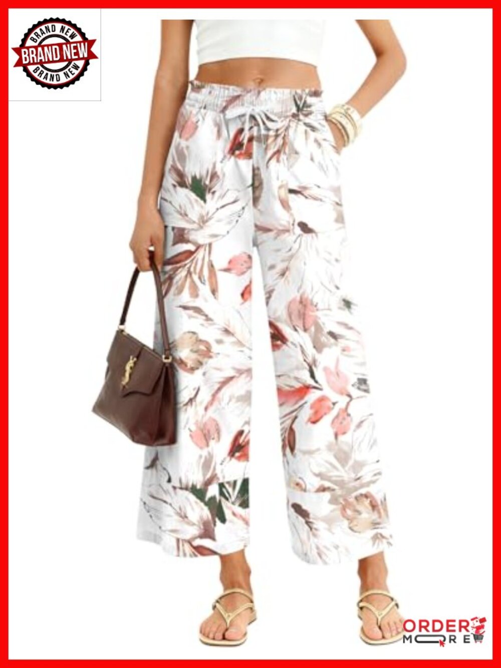 Women's Floral Wide Leg Palazzo Pants Elastic Drawstring Pockets